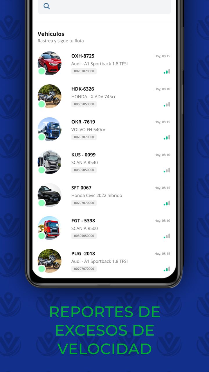 Pantalla de la app VIGTRA: reportes e historial de recorridos